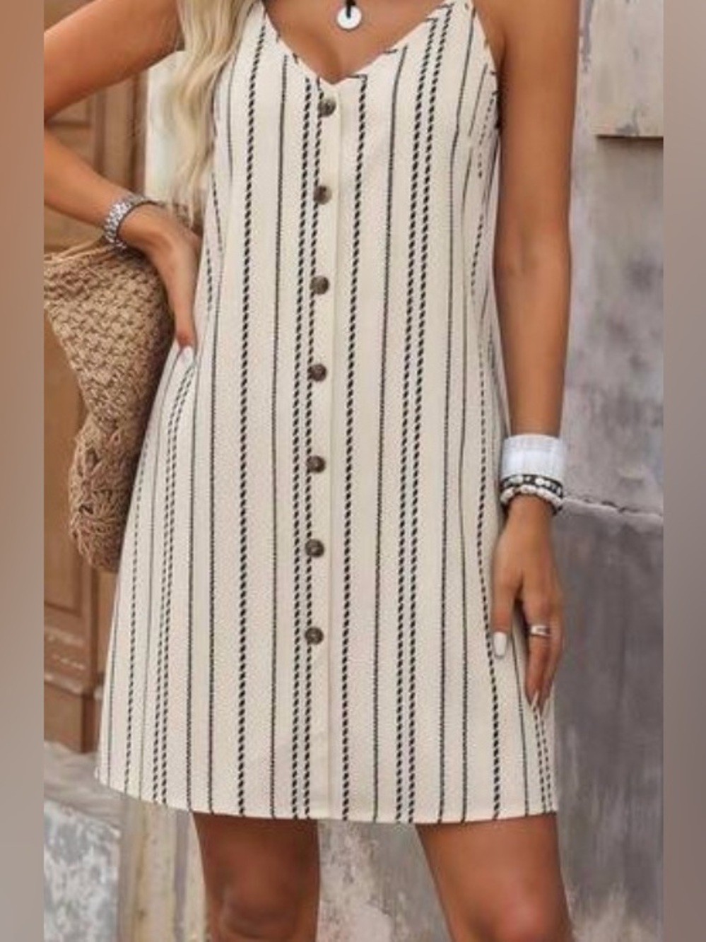 Striped Button-Front Cream Summer Dress